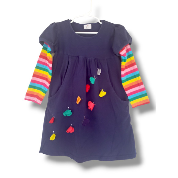 Girls 4-5 Navy Butterfly Rainbow Pocket Dress - Picture 1 of 4